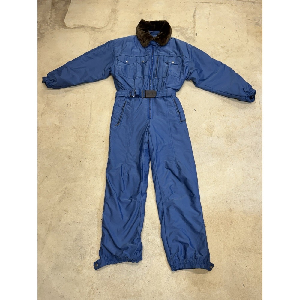 Belfe Snow Suit Men 46 Small Blue One Piece 90's Snowboard Faux Fur Collared